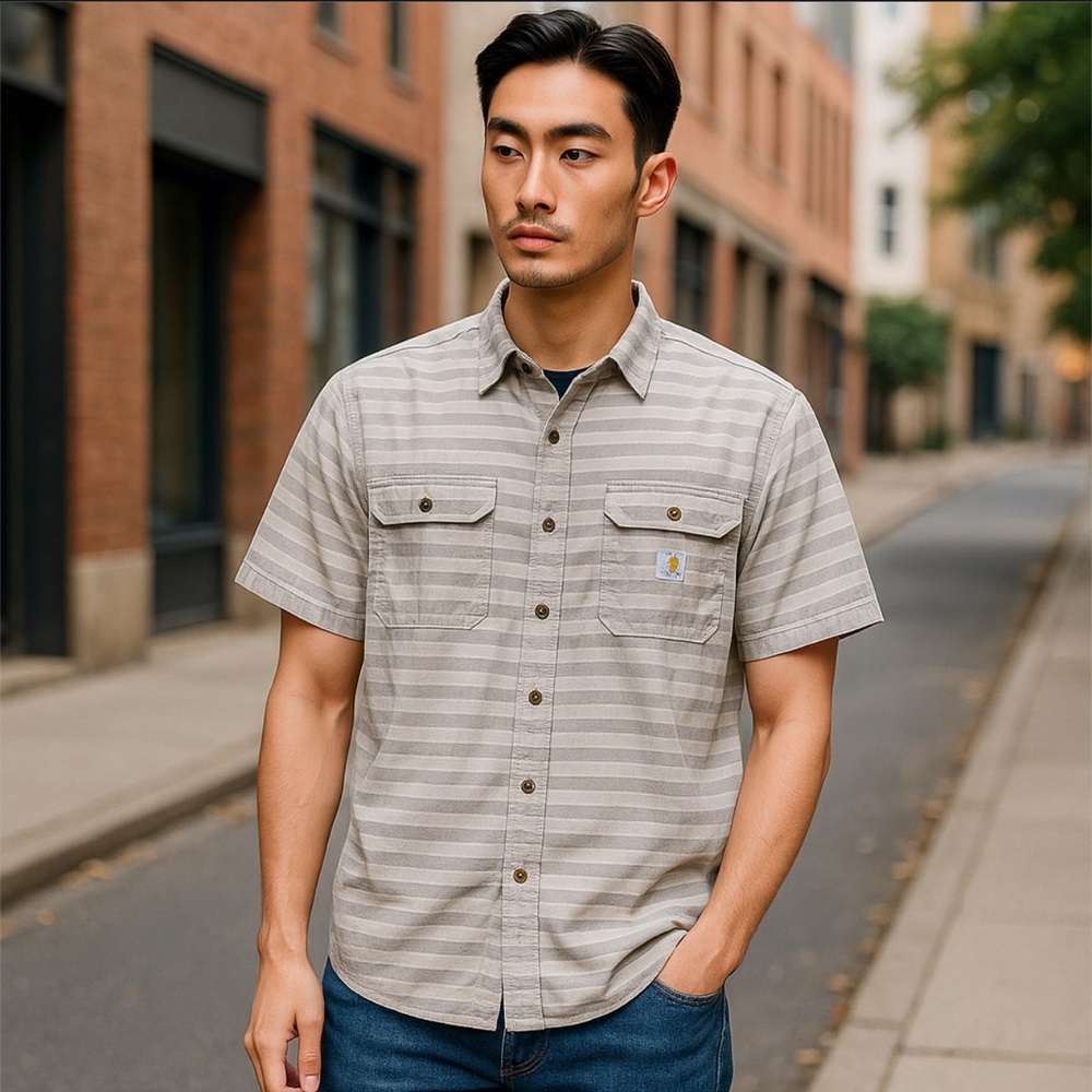 Carhartt great shape 100% cotton stripe loose fit button up pocket logo shirt - Picture 7 of 7